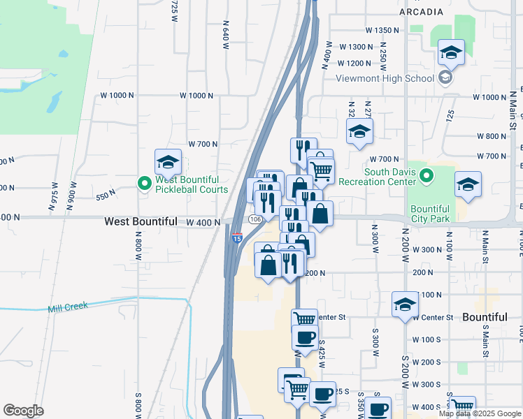 map of restaurants, bars, coffee shops, grocery stores, and more near 544 West 400 North in West Bountiful