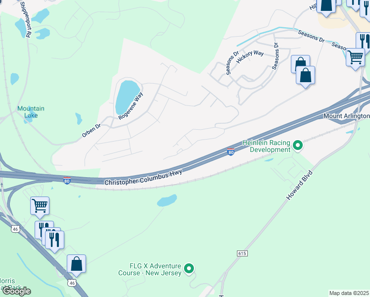map of restaurants, bars, coffee shops, grocery stores, and more near 4307 Woodmont Court in Mount Arlington