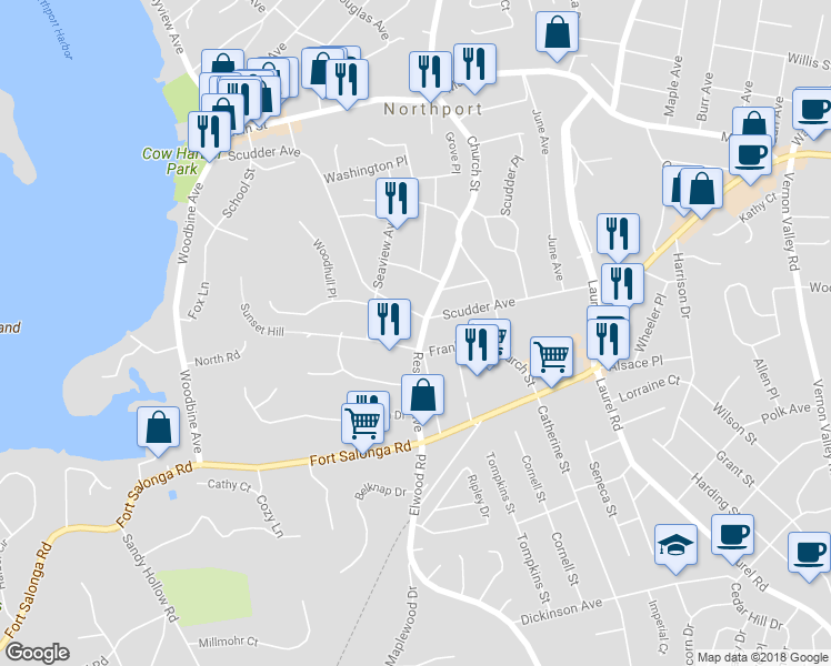 map of restaurants, bars, coffee shops, grocery stores, and more near 77 Reservoir Avenue in Northport
