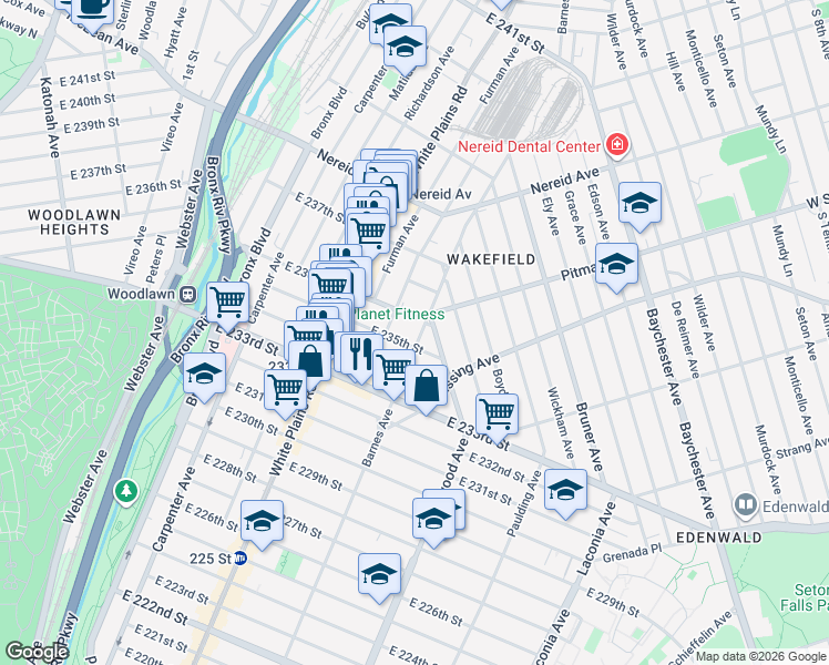 map of restaurants, bars, coffee shops, grocery stores, and more near 4261 Barnes Avenue in Bronx