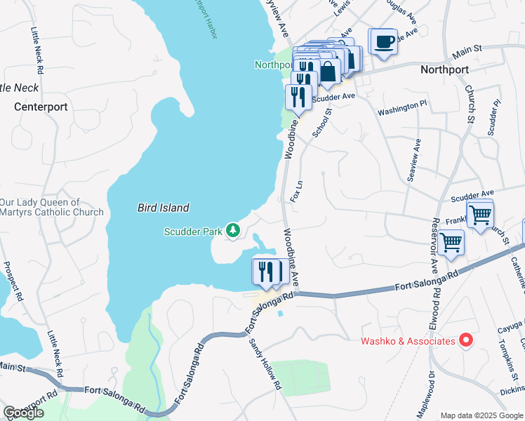 map of restaurants, bars, coffee shops, grocery stores, and more near 10 Beach Avenue in Northport