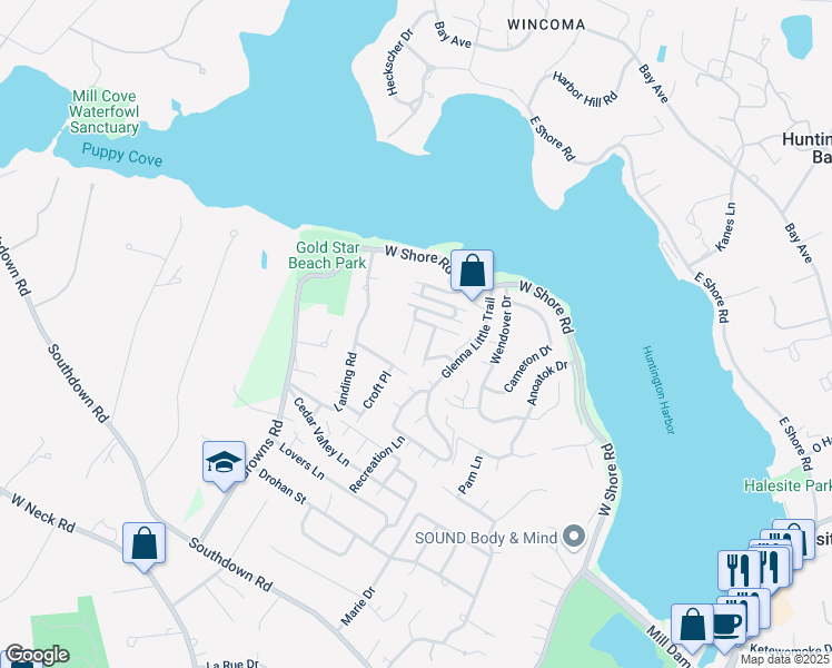 map of restaurants, bars, coffee shops, grocery stores, and more near 6 Noel Court in Huntington