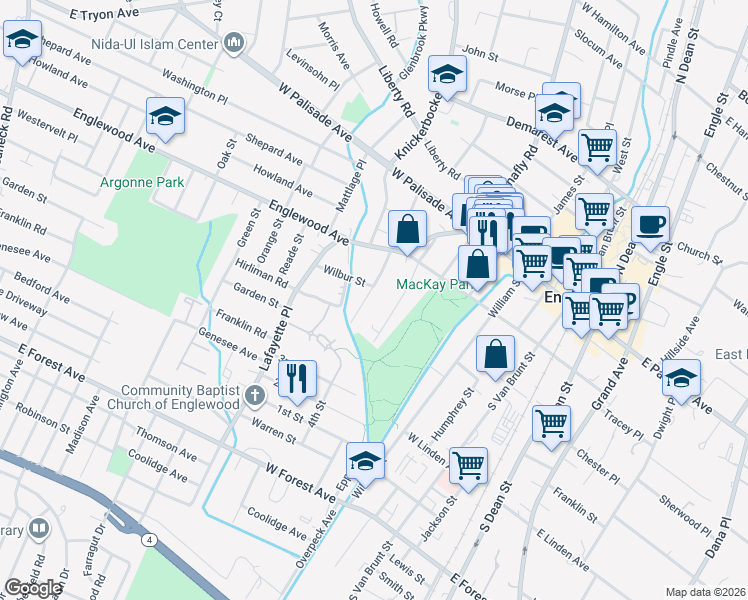 map of restaurants, bars, coffee shops, grocery stores, and more near 118 Park Avenue in Englewood