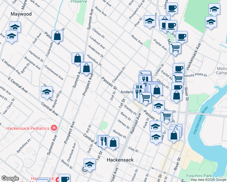 map of restaurants, bars, coffee shops, grocery stores, and more near 247 Passaic Street in Hackensack