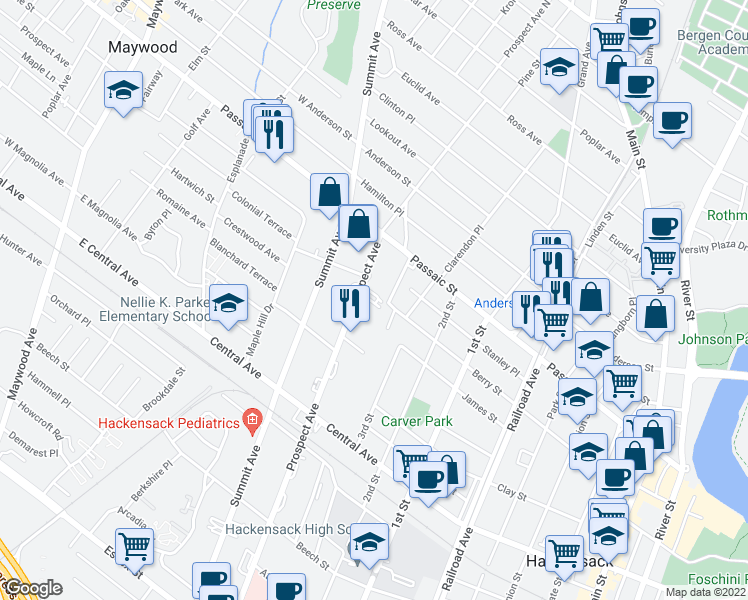 map of restaurants, bars, coffee shops, grocery stores, and more near 350 Prospect Avenue in Hackensack
