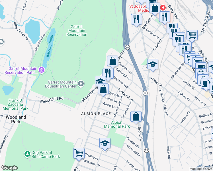 map of restaurants, bars, coffee shops, grocery stores, and more near 107 Valley Road in Clifton