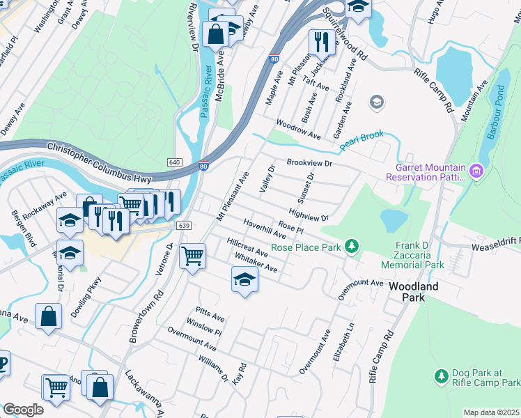 map of restaurants, bars, coffee shops, grocery stores, and more near 78 Rose Place in Woodland Park