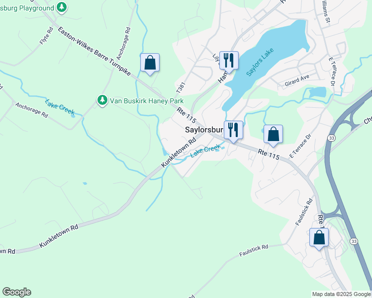 map of restaurants, bars, coffee shops, grocery stores, and more near 5505 Kunkletown Road in Saylorsburg