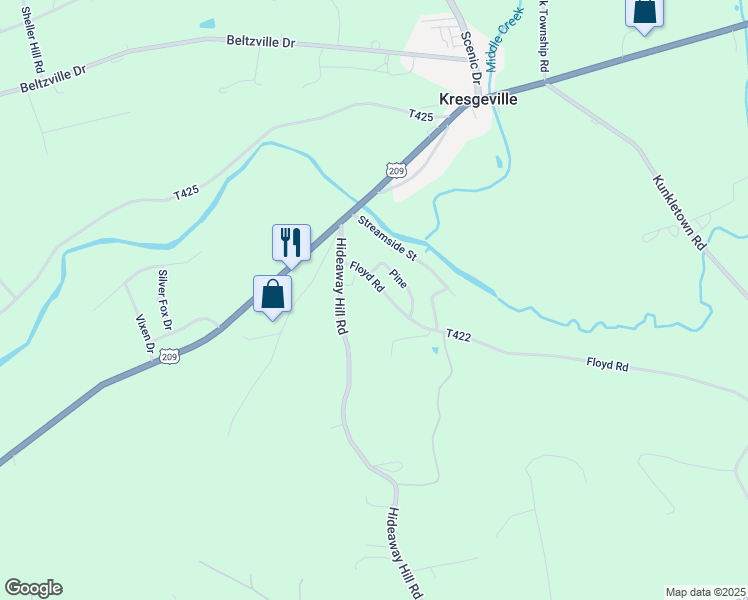 map of restaurants, bars, coffee shops, grocery stores, and more near 126 Floyd Road in Kunkletown