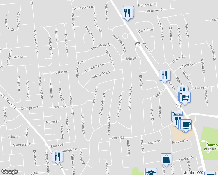 map of restaurants, bars, coffee shops, grocery stores, and more near 36 Westmoylan Lane in Coram