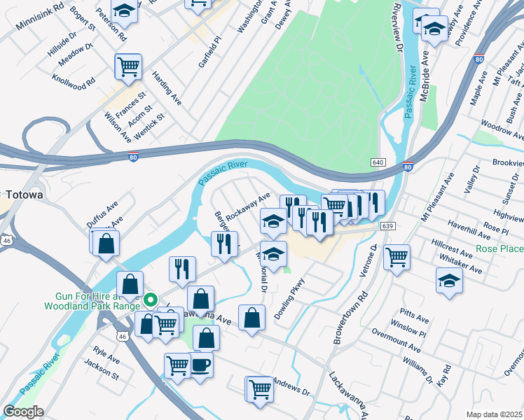 map of restaurants, bars, coffee shops, grocery stores, and more near 43 Pompton Avenue in Woodland Park