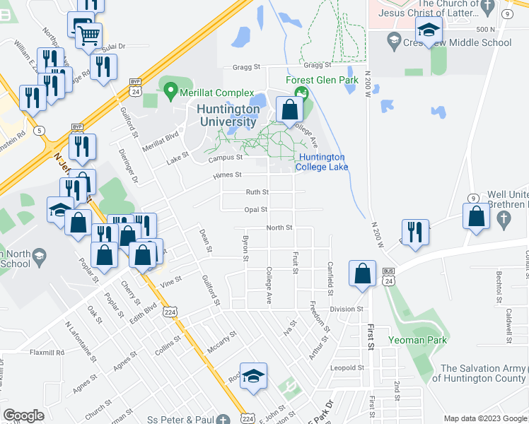 map of restaurants, bars, coffee shops, grocery stores, and more near 1844 College Avenue in Huntington