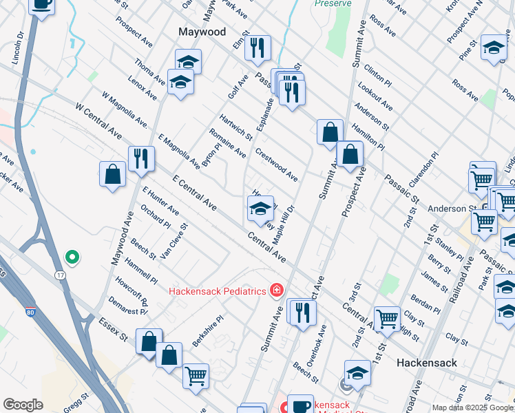 map of restaurants, bars, coffee shops, grocery stores, and more near 451 Heath Place in Hackensack