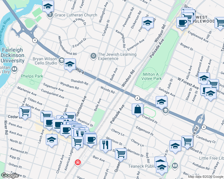 map of restaurants, bars, coffee shops, grocery stores, and more near 401 Woods Road in Teaneck