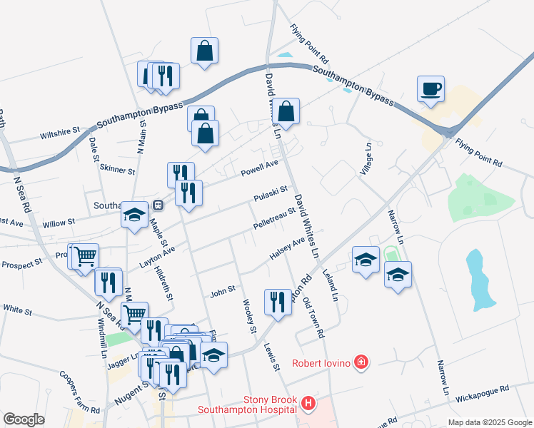 map of restaurants, bars, coffee shops, grocery stores, and more near 153 Pelletreau Street in Southampton