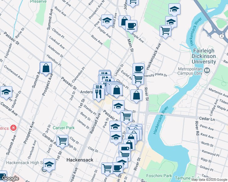 map of restaurants, bars, coffee shops, grocery stores, and more near 89 Maple Avenue in Hackensack