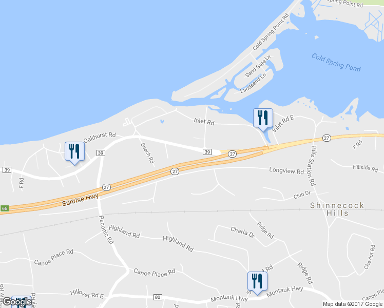map of restaurants, bars, coffee shops, grocery stores, and more near 148 North Road in Hampton Bays