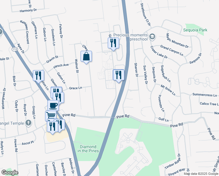 map of restaurants, bars, coffee shops, grocery stores, and more near 25 Gibbs Road in Coram