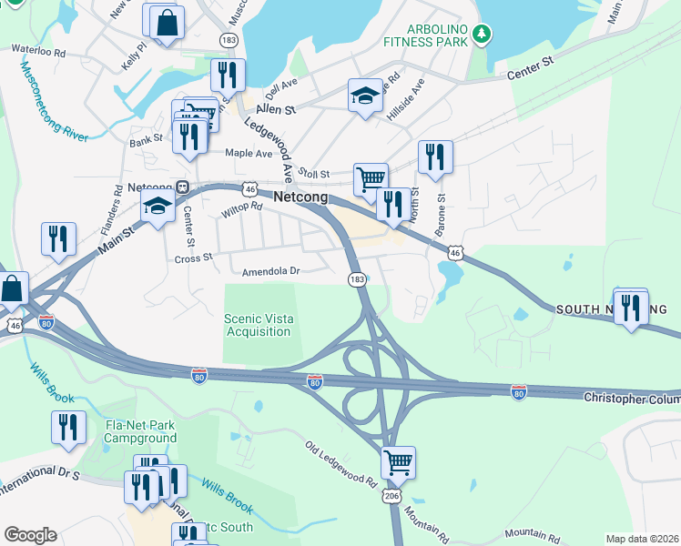 map of restaurants, bars, coffee shops, grocery stores, and more near 7 Post Road in Netcong