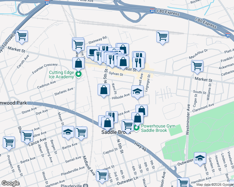 map of restaurants, bars, coffee shops, grocery stores, and more near 92 Kern Place in Saddle Brook