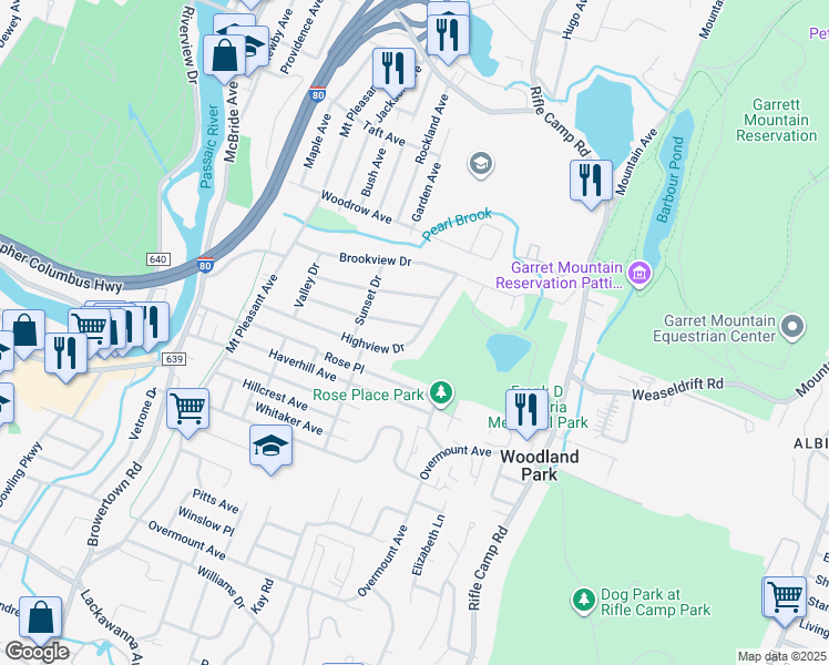 map of restaurants, bars, coffee shops, grocery stores, and more near 100 Grandview Drive in Woodland Park