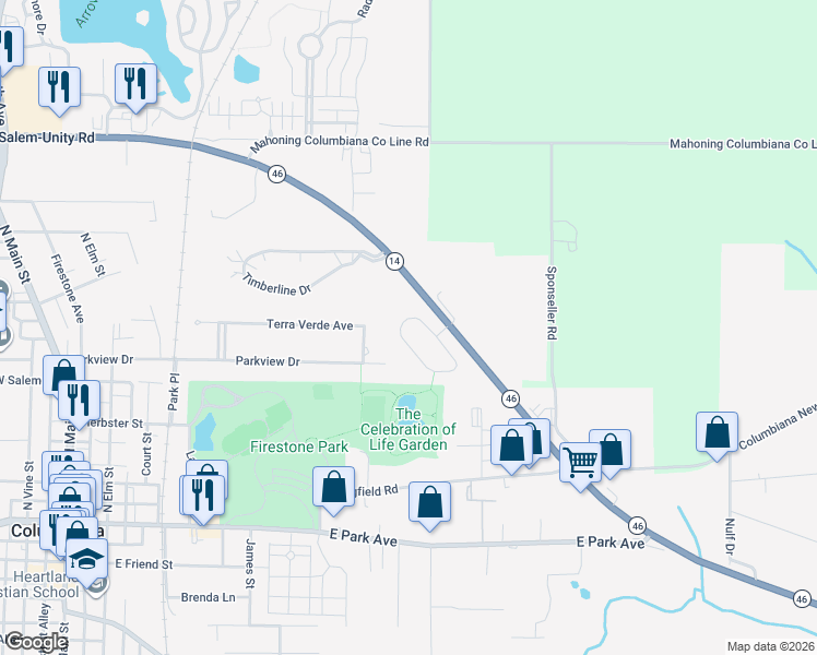 map of restaurants, bars, coffee shops, grocery stores, and more near 170 Lucretia Lane in Columbiana
