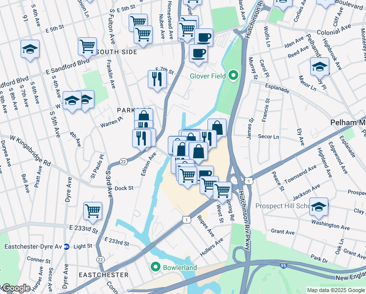 map of restaurants, bars, coffee shops, grocery stores, and more near 15 Canal Road in Pelham Manor
