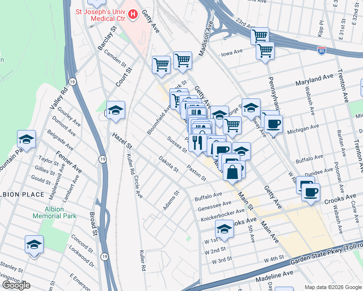 map of restaurants, bars, coffee shops, grocery stores, and more near 343 Sussex Street in Paterson