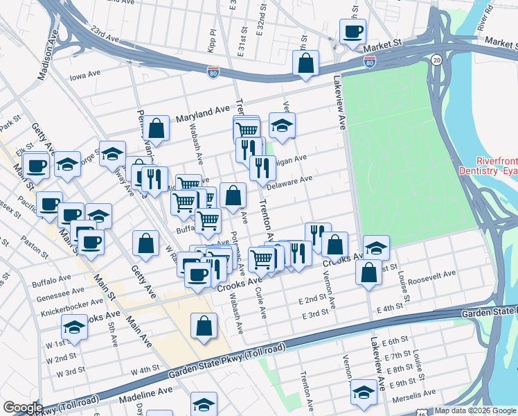 map of restaurants, bars, coffee shops, grocery stores, and more near 348 Trenton Avenue in Paterson