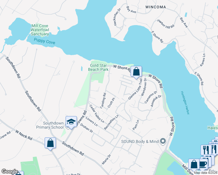 map of restaurants, bars, coffee shops, grocery stores, and more near 32 Landing Road in Huntington