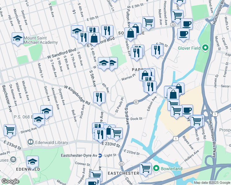 map of restaurants, bars, coffee shops, grocery stores, and more near 28 Knollwood Avenue in Mount Vernon