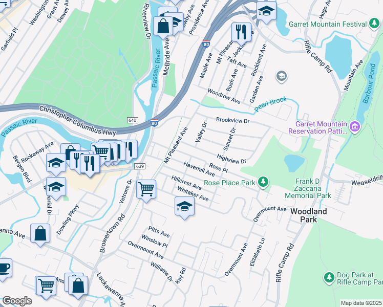 map of restaurants, bars, coffee shops, grocery stores, and more near 78 Rose Place in Woodland Park