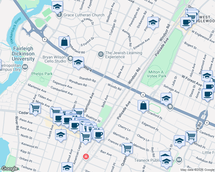 map of restaurants, bars, coffee shops, grocery stores, and more near 414 Woods Road in Teaneck