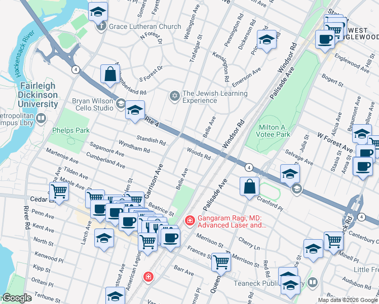 map of restaurants, bars, coffee shops, grocery stores, and more near 414 Woods Road in Teaneck