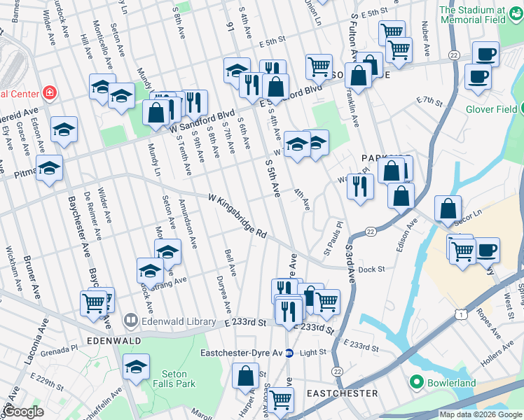 map of restaurants, bars, coffee shops, grocery stores, and more near 710 South 6th Avenue in Mount Vernon