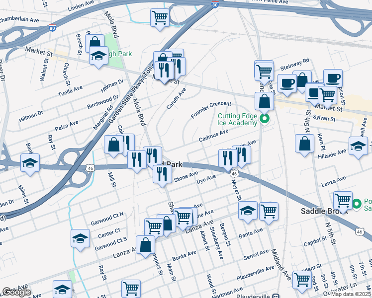 map of restaurants, bars, coffee shops, grocery stores, and more near 50 Cadmus Avenue in Elmwood Park
