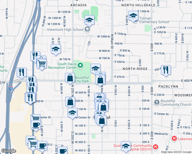 map of restaurants, bars, coffee shops, grocery stores, and more near 30 West 400 North in Bountiful
