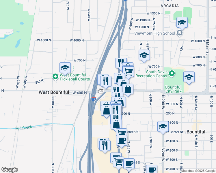 map of restaurants, bars, coffee shops, grocery stores, and more near 544 West 400 North in West Bountiful