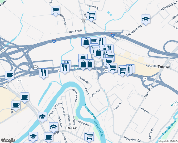 map of restaurants, bars, coffee shops, grocery stores, and more near 540 Route 46 in Totowa