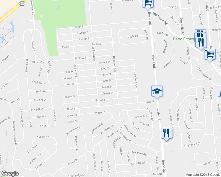 map of restaurants, bars, coffee shops, grocery stores, and more near 34 Taylor Street in Port Jefferson Station