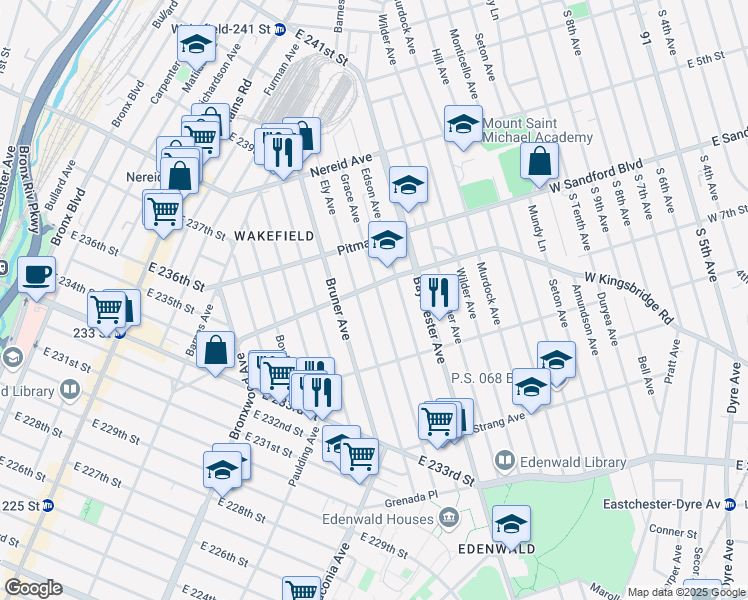 map of restaurants, bars, coffee shops, grocery stores, and more near 4169 Grace Avenue in Bronx