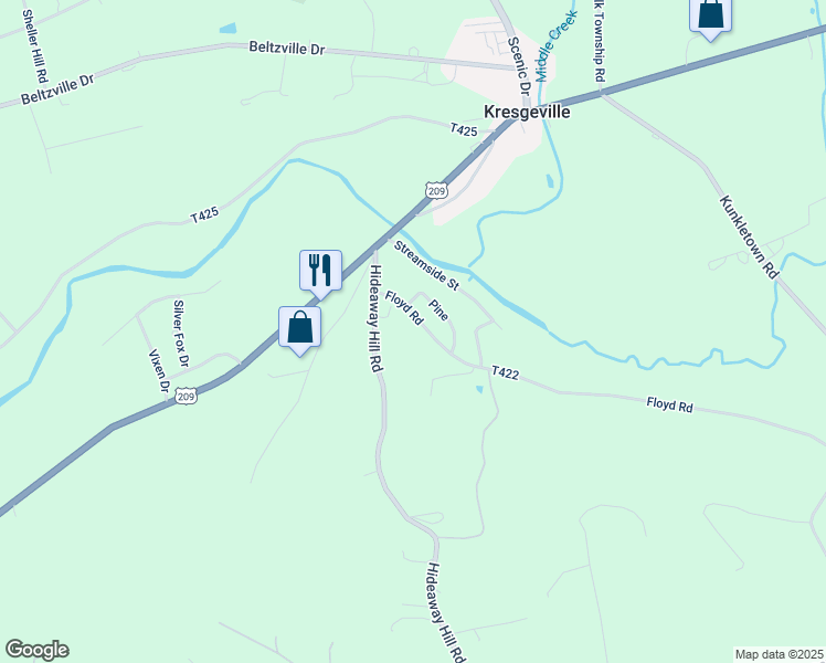 map of restaurants, bars, coffee shops, grocery stores, and more near 126 Floyd Road in Kunkletown