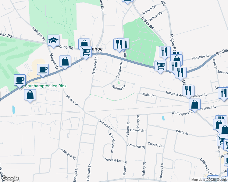map of restaurants, bars, coffee shops, grocery stores, and more near 6 Spring Ln in Southampton