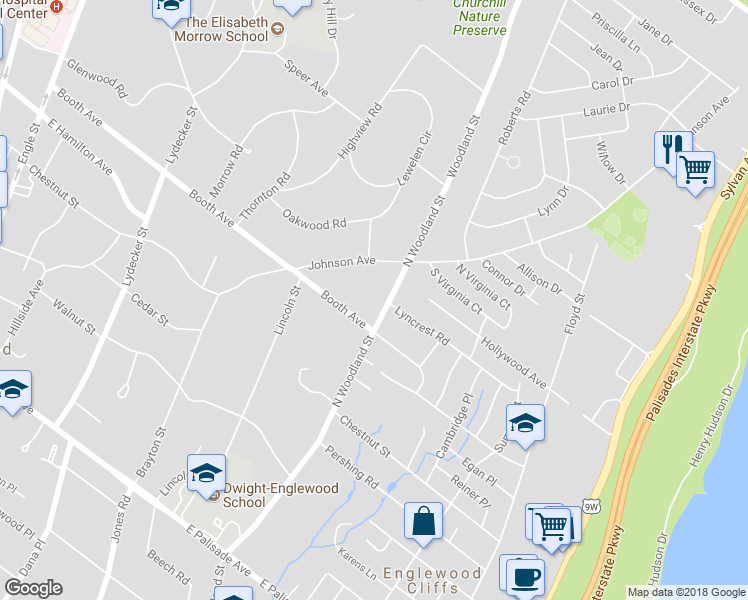map of restaurants, bars, coffee shops, grocery stores, and more near 280 North Woodland Street in Englewood