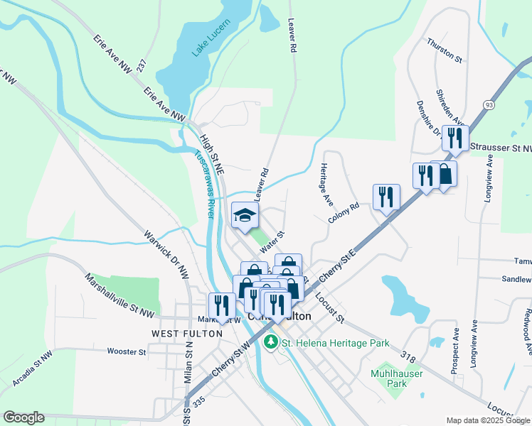 map of restaurants, bars, coffee shops, grocery stores, and more near 335 Chippewa Street in Canal Fulton