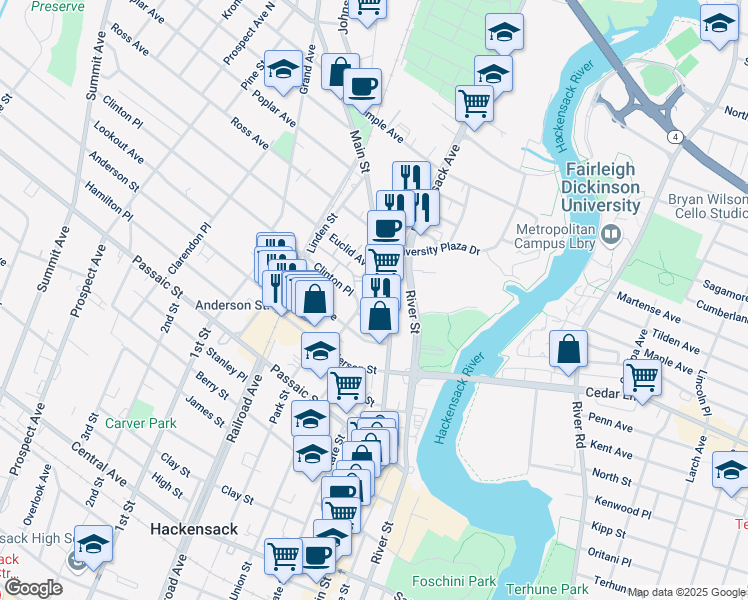 map of restaurants, bars, coffee shops, grocery stores, and more near 505 Main Street in Hackensack