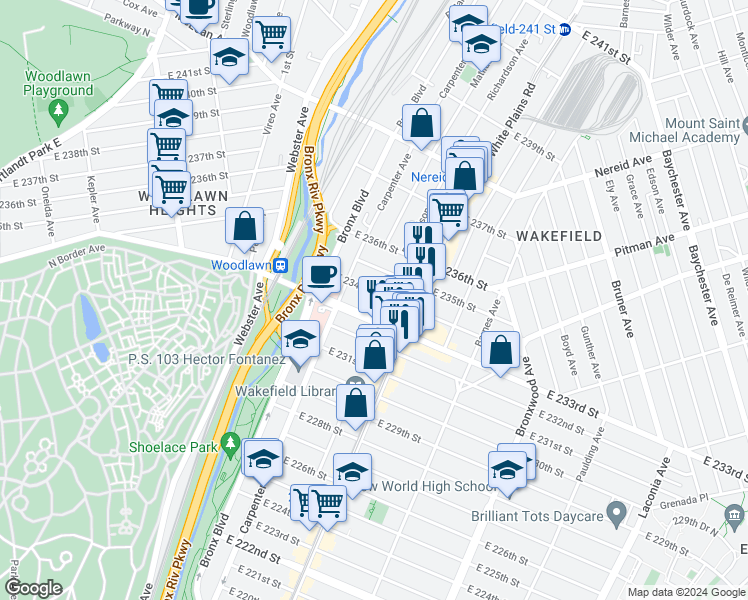 map of restaurants, bars, coffee shops, grocery stores, and more near 654 East 234th Street in Bronx