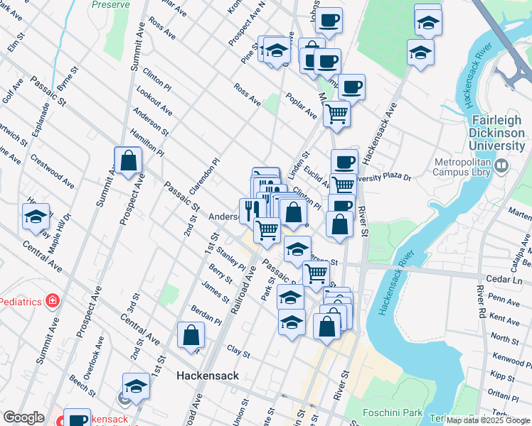 map of restaurants, bars, coffee shops, grocery stores, and more near 50 Linden Street in Hackensack