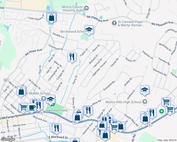 map of restaurants, bars, coffee shops, grocery stores, and more near 495 Herrick Drive in Dover
