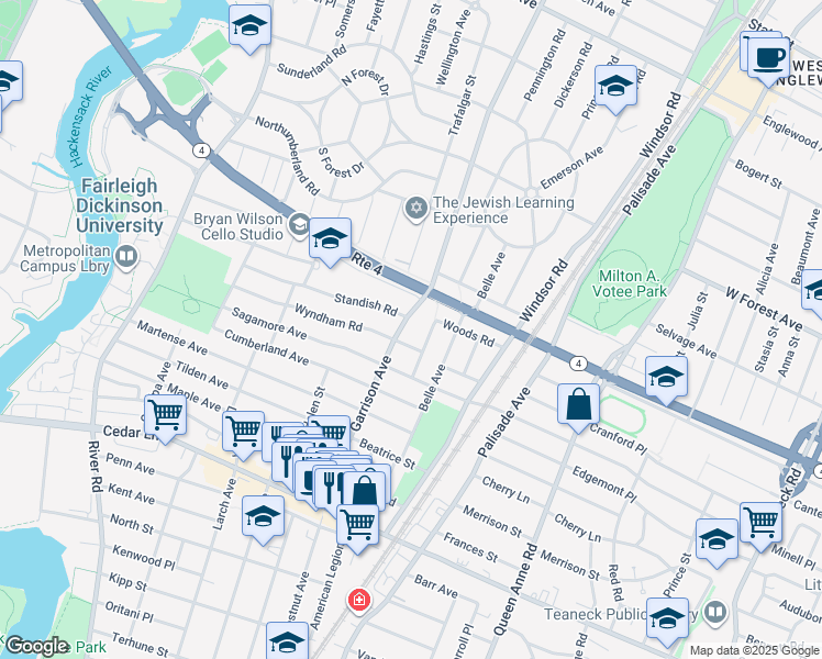 map of restaurants, bars, coffee shops, grocery stores, and more near 1009 Garrison Ave in Teaneck